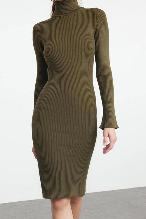 Moda Stil Slim Balıkçı Yaka Mini Boy Triko Kolları Volanlı Elbise