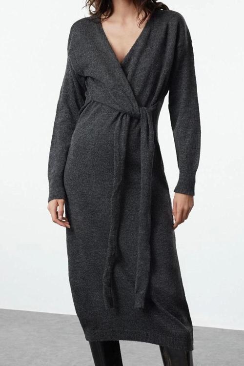 Moda Stil Kruvaze Kruvaze Midi Boy Yumuşak Dokulu Triko Yaka Bağlamalı Elbise