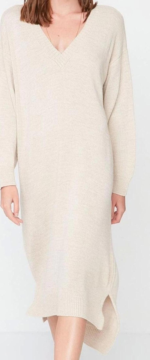 Moda Stil Oversize V Yaka Maxi Boy Triko Geniş Kalıp Elbise