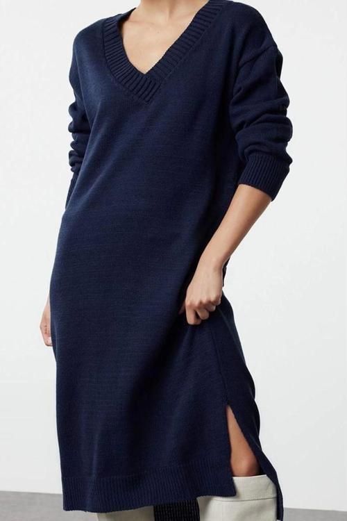 Moda Stil Oversize V Yaka Maxi Boy Triko Geniş Kalıp Elbise
