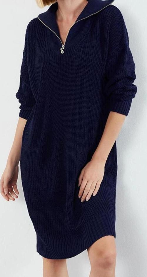 Moda Stil Regular Dik Yaka Mini Boy Triko Fermuarlı Elbise