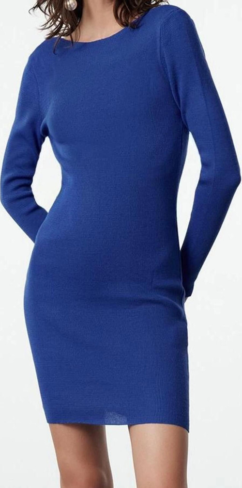 Moda Stil Slim Bisiklet Yaka Mini Boy Triko Sırt İnci Detaylı Elbise