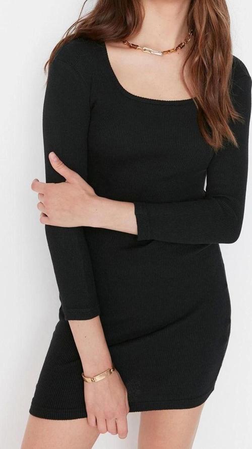 Moda Stil Slim Havuz Yaka Mini Boy Vücuda Oturan Yırtmaçlı Bisiklet Yaka Fitilli Esnek Örme Elbise