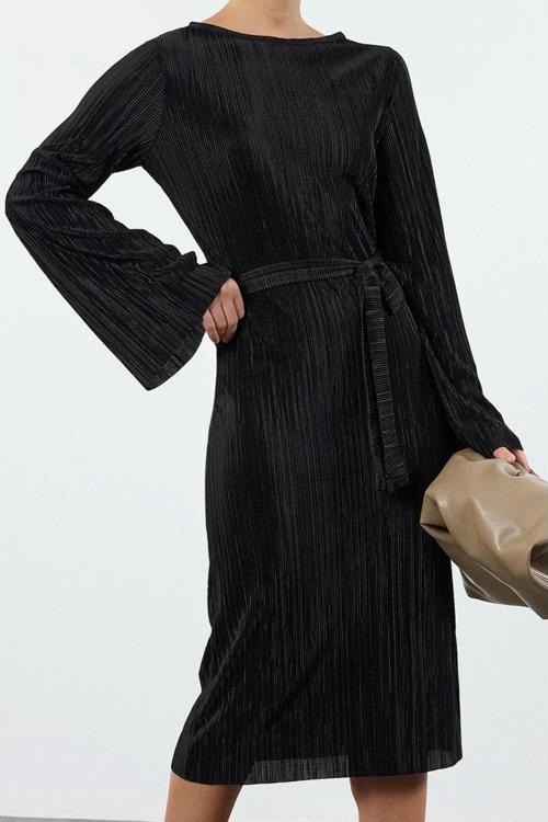 Moda Stil Regular Kayık Yaka Midi Boy Premium Pilise Kumaşlı Flare Kol Detaylı A-Line Örme Elbise