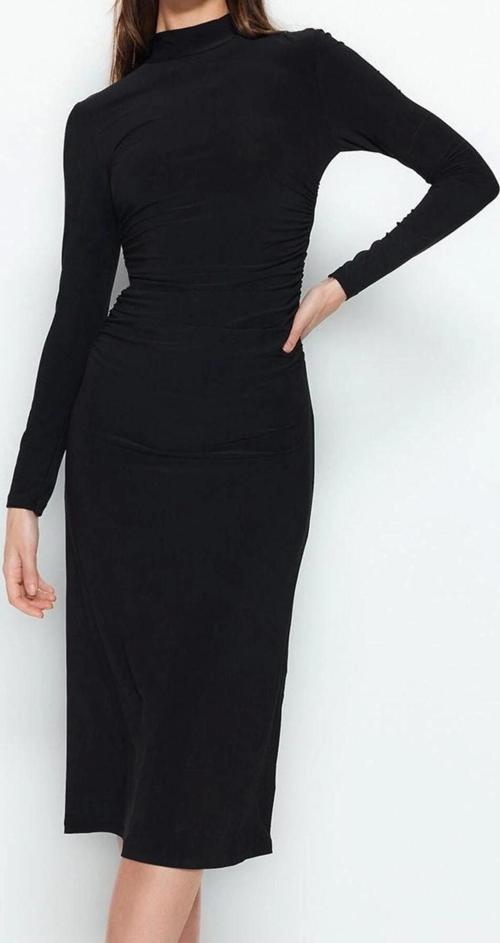 Moda Stil Slim Dik Yaka Midi Boy Düz Drape Detaylı A-Line Esnek Örme Örme Elbise