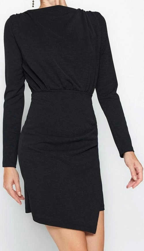 Moda Stil Slim Kayık Yaka Mini Boy Premium Dokulu Krep Drape Detaylı Örme Elbise