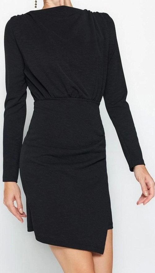 Moda Stil Slim Kayık Yaka Mini Boy Premium Dokulu Krep Drape Detaylı Örme Elbise