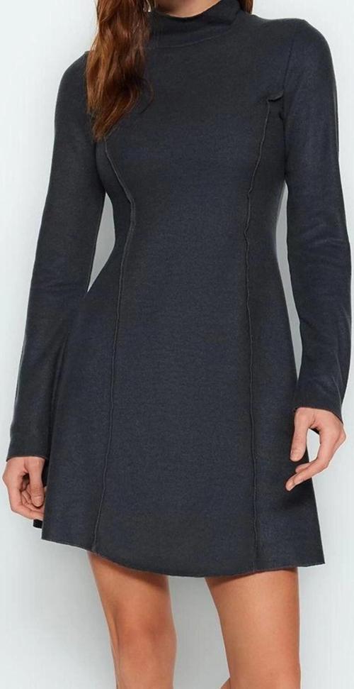 Moda Stil Regular Dik Yaka Mini Boy Dikiş Detaylı Selanik Örme Elbise