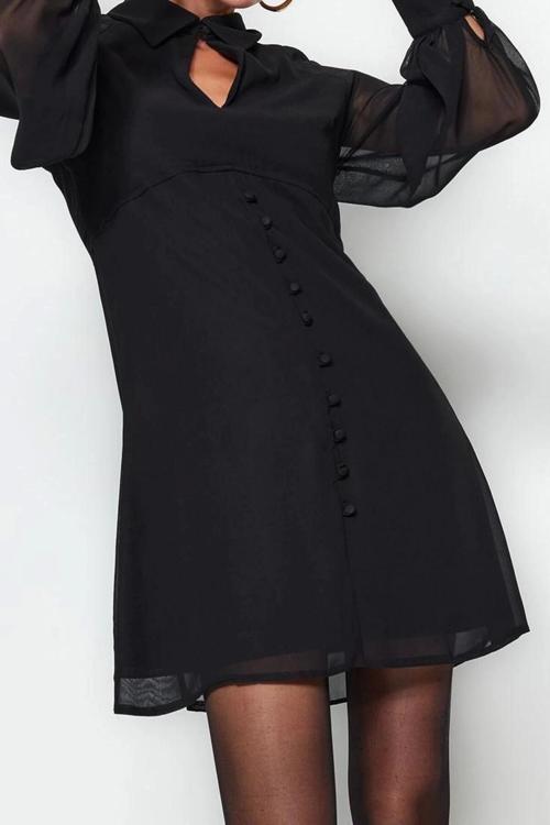 Moda Stil Regular Gömlek Yaka Mini Boy Düz Dokuma Kışlık Elbise