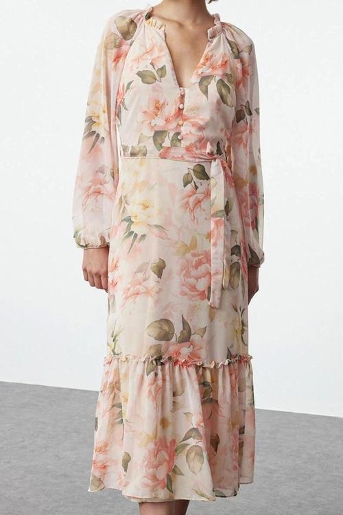 Moda Stil Regular V Yaka Midi Boy Kuşaklı Çiçekli Eteği Volanlı Astarlı Dokuma Elbise