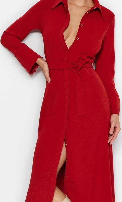 Moda Stil Regular Gömlek Yaka Midi Boy Kuşaklı Düğmeli Dokuma Gömlek Elbise