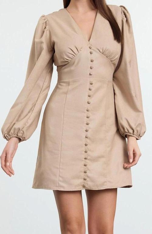 Moda Stil Regular V Yaka Mini Boy Düz Balon Kollu Süet Dokuma Elbise