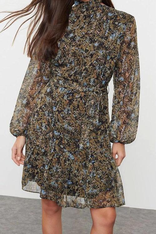 Moda Stil Regular Dik Yaka Mini Boy Çiçekli Dokuma Kışlık Elbise