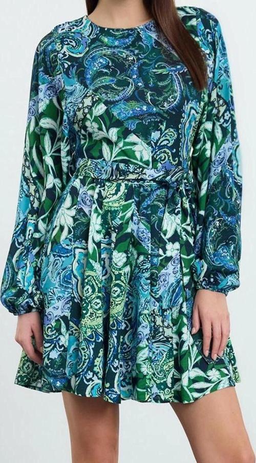 Moda Stil Regular Bisiklet Yaka Mini Boy Kuşaklı Eteği Volanlı Viskon Dokuma Elbise