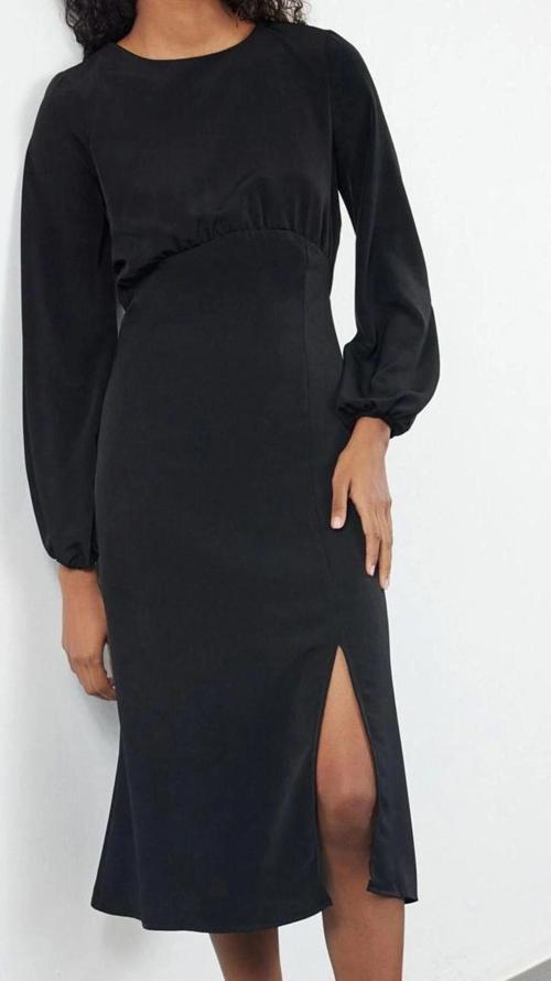 Moda Stil Regular Bisiklet Yaka Midi Boy Belden Açılan Balon Kol Detaylı Dokuma Elbise