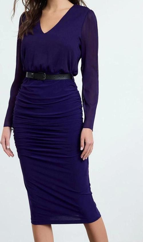 Moda Stil Regular V Yaka Midi Boy Düz Dokuma Elbise
