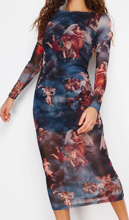 Moda Stil Slim Bisiklet Yaka Midi Boy Baskılı Astarlı Vücuda Oturan Tül Örme Örme Elbise