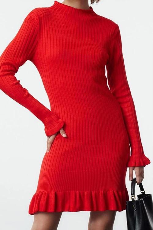Moda Stil Regular Dik Yaka Mini Boy Triko Etek Ucu Detaylı Elbise