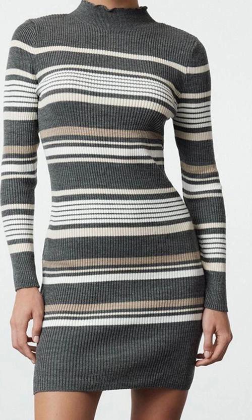 Moda Stil Regular Dik Yaka Mini Boy Triko Renk Bloklu Elbise