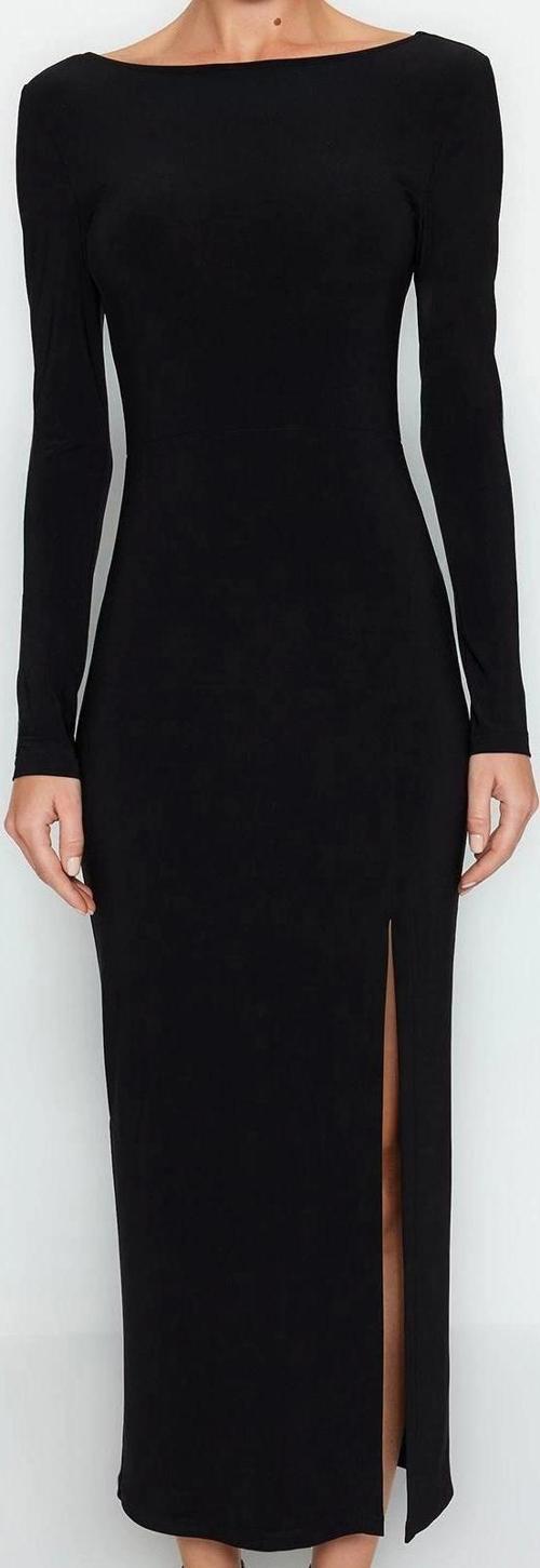 Moda Stil Slim Kayık Yaka Maxi Boy Düz Bodycone Sırt Baskılı Örme Elbise Vücuda Oturan Esnek