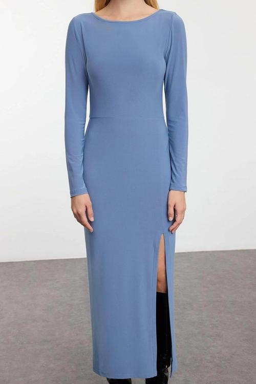 Moda Stil Slim Kayık Yaka Maxi Boy Düz Bodycone Sırt Baskılı Örme Elbise Vücuda Oturan Esnek