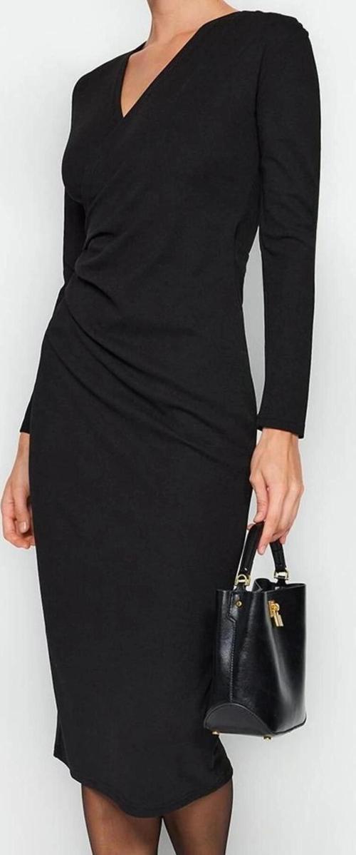 Moda Stil Slim Kruvaze Midi Boy Yaka Uzun Kollu Büzgü Detaylı Vücuda Oturan Örme Elbise