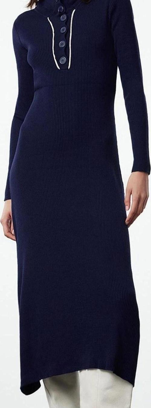 Moda Stil Regular Polo Yaka Midi Boy Triko Çizgili Biye Detaylı Elbise