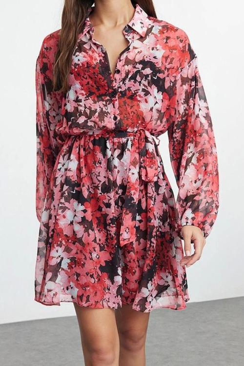 Moda Stil Regular Gömlek Yaka Mini Boy Belden Açılan Astarlı Şifon Dokuma Elbise