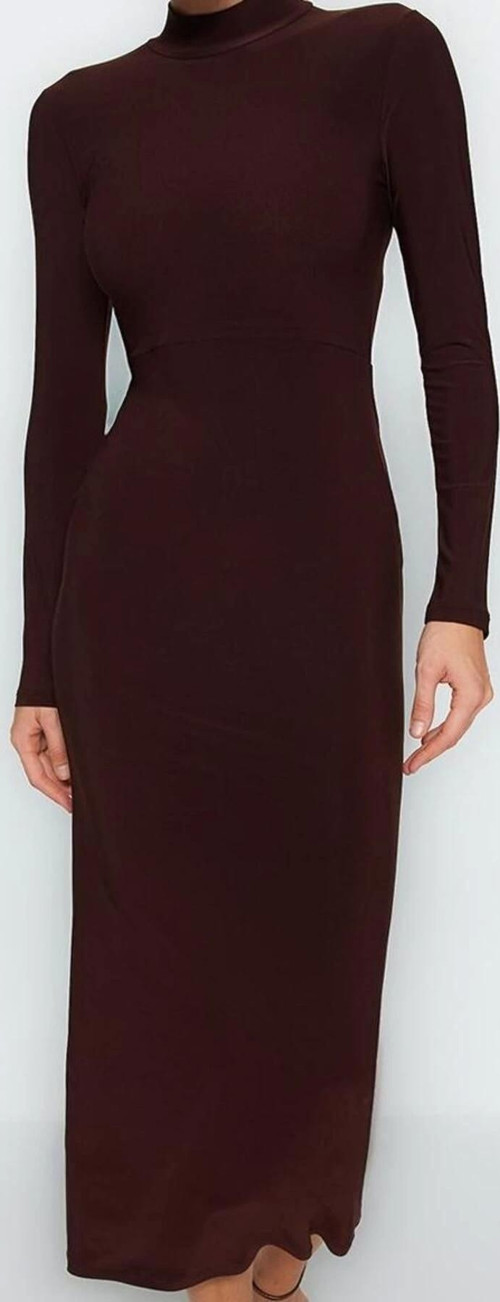 Moda Stil Slim Dik Yaka Maxi Boy Fitted Vücuda Oturan Esnek Örme Elbise