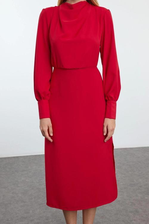 Moda Stil Regular Degaje Yaka Midi Boy Düz Dokuma Elbise