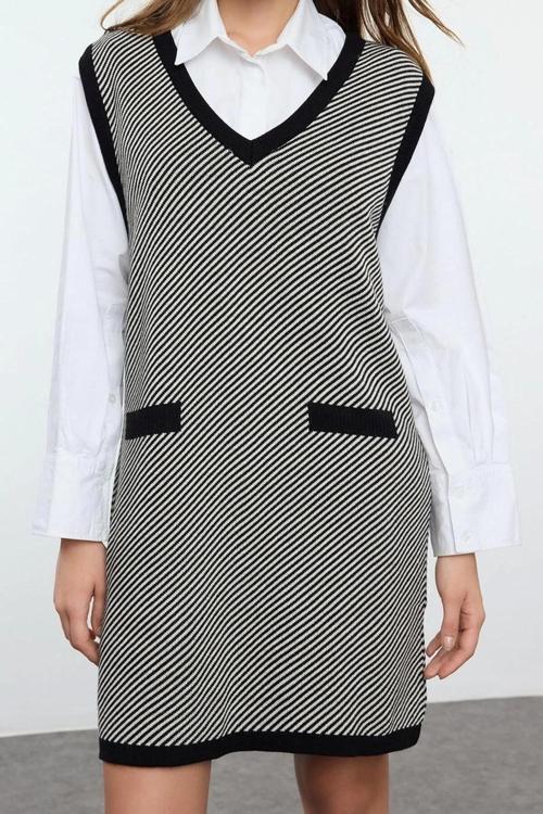 Moda Stil Regular V Yaka Mini Boy Triko Renk Bloklu Elbise