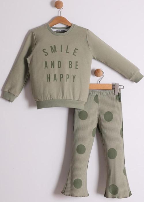 Kız Çocuk Mevsimlik Smile And Be Happy Baskılı Sweat Puantiyeli Fitilli Tayt 2'li Takım