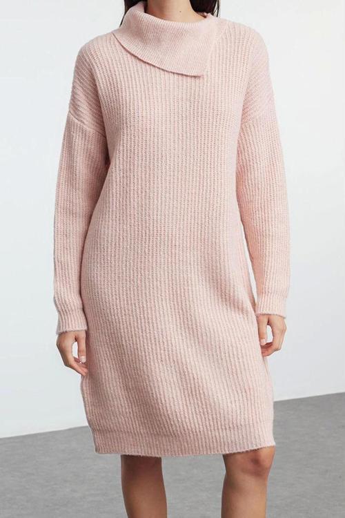 Moda Stil Regular Devrik Yaka Mini Boy Triko Yumuşak Dokulu Elbise