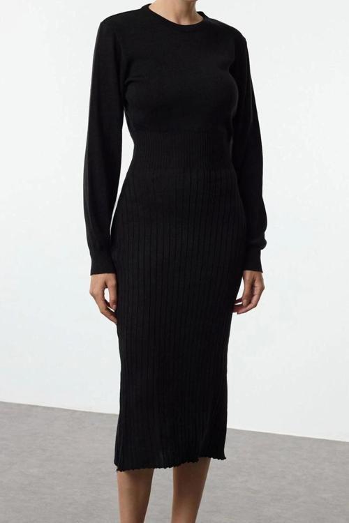 Moda Stil Regular Bisiklet Yaka Midi Boy Triko A-Line Formda Elbise