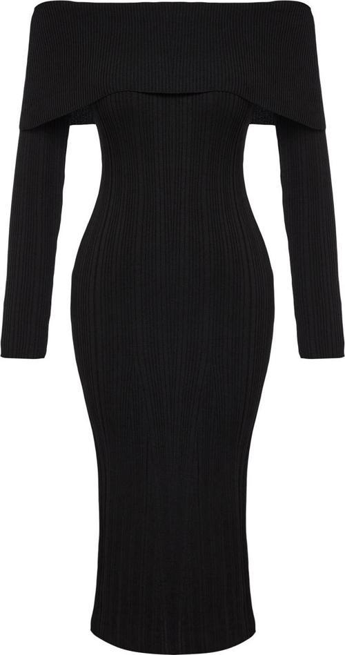 Moda Stil Regular Carmen Yaka Midi Boy Triko Basic Elbise