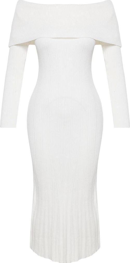 Moda Stil Regular Carmen Yaka Midi Boy Triko Basic Elbise