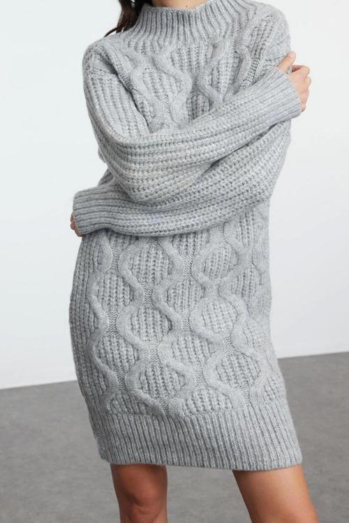 Moda Stil Regular Dik Yaka Mini Boy Triko Yumuşak Dokulu Saç Örgü Elbise