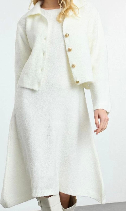 Moda Stil Slim Polo Yaka Midi Boy Triko Ceket Görünümlü Hırka-Elbise Takım