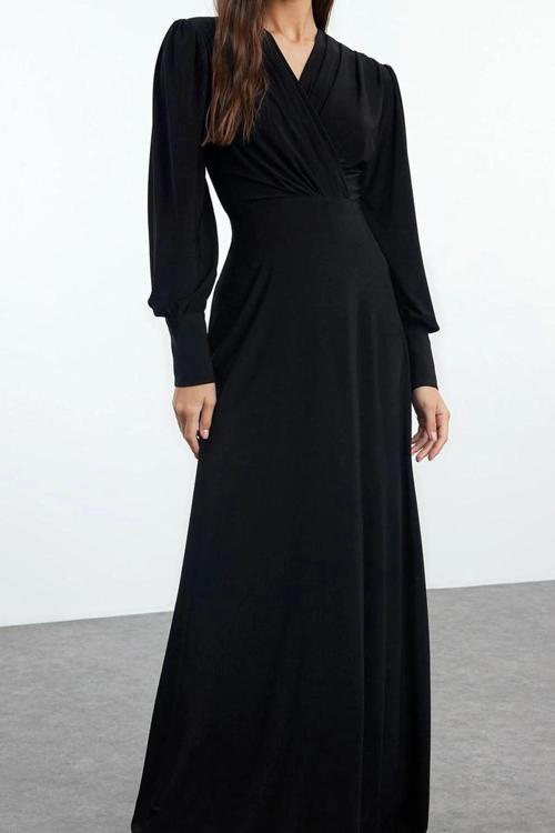 Moda Stil Regular Kruvaze Maxi Boy Düz Örme Elbise