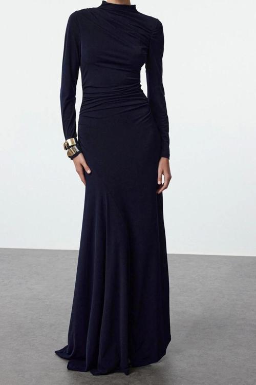 Moda Stil Slim Dik Yaka Maxi Boy Fitted Vücuda Oturan Uzun Kollu Esnek Örme Elbise