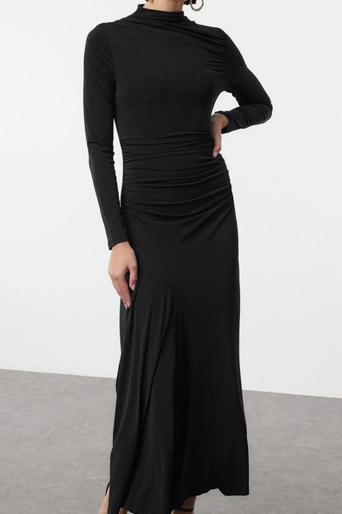 Moda Stil Slim Dik Yaka Maxi Boy Fitted Vücuda Oturan Uzun Kollu Esnek Örme Elbise