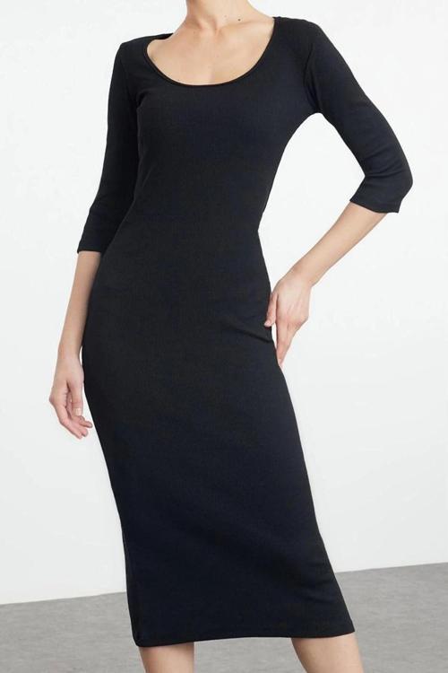 Moda Stil Slim Havuz Yaka Maxi Boy Fitted Vücuda Oturan Uzun Kollu Bisiklet Yaka Esnek Örme Elbise
