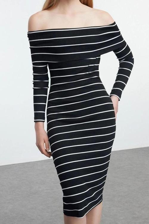 Moda Stil Slim Carmen Yaka Midi Boy Siyah001 Çizgili Fitted Vücuda Oturan Fitilli Esnek Örme Elbise