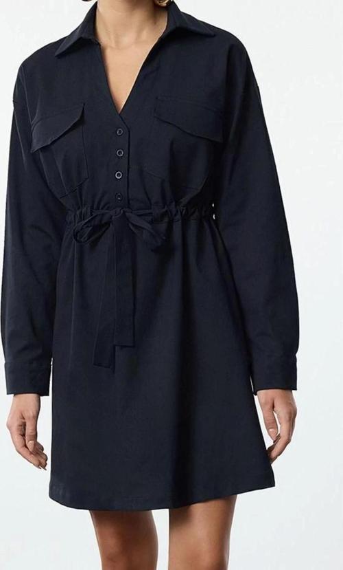 Moda Stil Regular Gömlek Yaka Mini Boy Belden Açılan Tünel Detaylı Pamuklu Dokuma Elbise