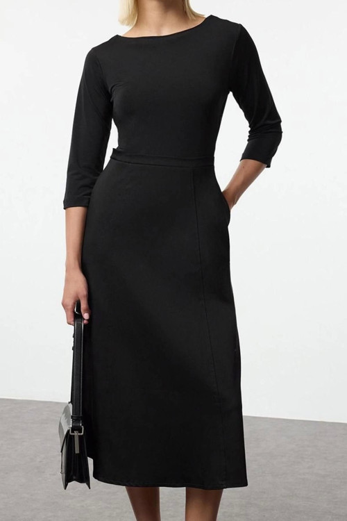Moda Stil Regular Bisiklet Yaka Midi Boy Belden Açılan Kumaş Mixli Dokuma Elbise