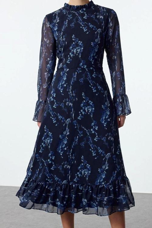 Moda Stil Regular Dik Yaka Midi Boy Desenli A Kesim Astarlı Şifon Dokuma Kışlık Elbise