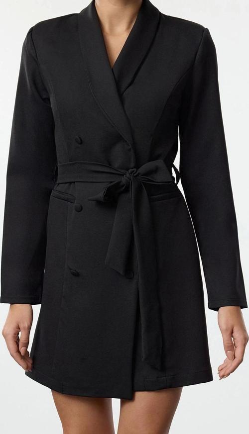 Moda Stil Regular Ceket Yaka Mini Boy Kuşaklı Şal Yaka Dokuma Ceket Elbise