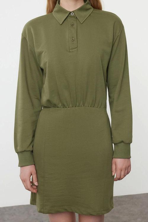 Moda Stil Regular Polo Yaka Mini Boy Düz Vücuda Oturan Örme Elbise