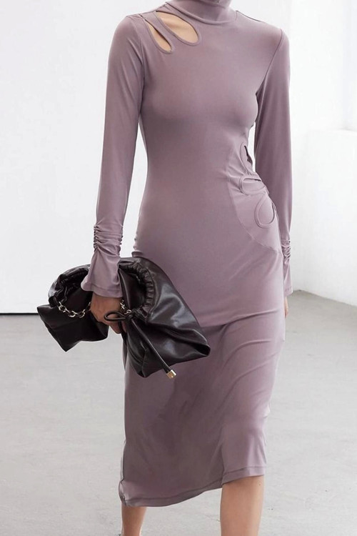 Moda Stil Slim Dik Yaka Midi Boy Limited Edition Vücuda Oturan Cut Out Detaylı Örme Elbise