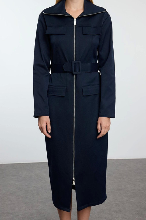 Moda Stil Regular Gömlek Yaka Midi Boy Fermuarlı Cep Detaylı Gabardin Kumaş Dokuma Gömlek Elbise